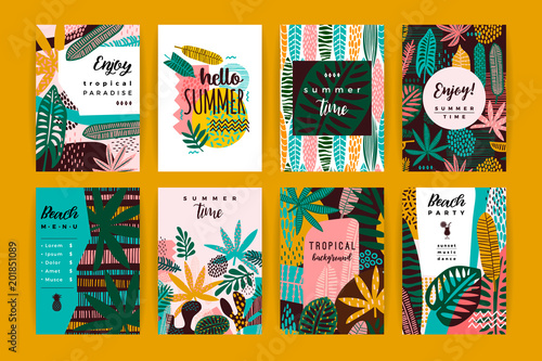 Set of abstract creative templates with tropical leaves. © Nadia Grapes