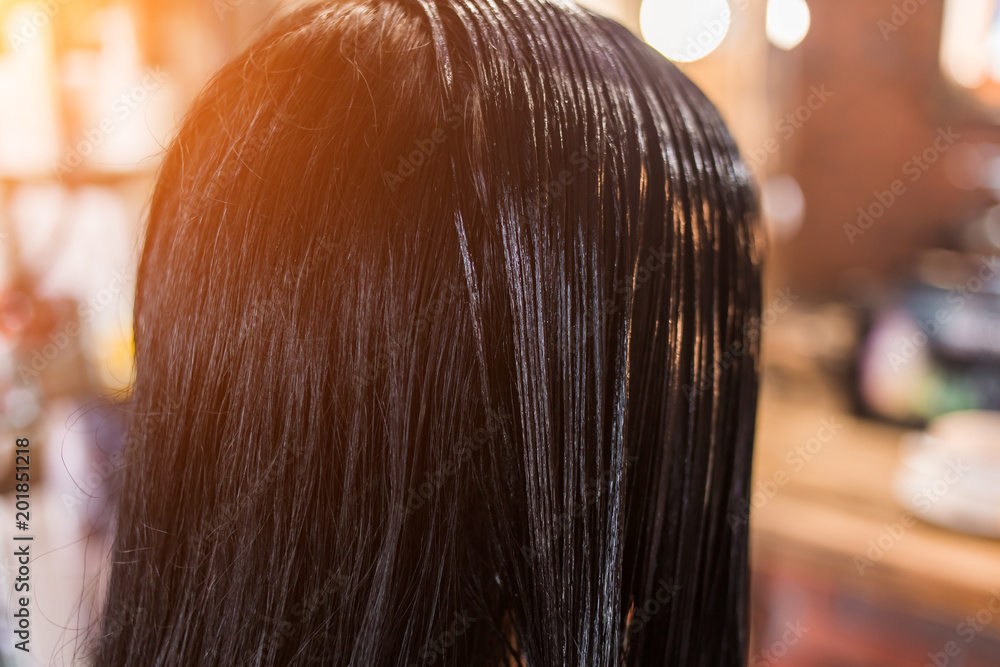 Close up of beautiful woman hair. Mask, balm, hair conditioner. Spa procedure, keratin recovery, care. Close up of beautiful woman hair. Mask, balm, hair conditioner. Spa procedure, keratin recovery, care.
