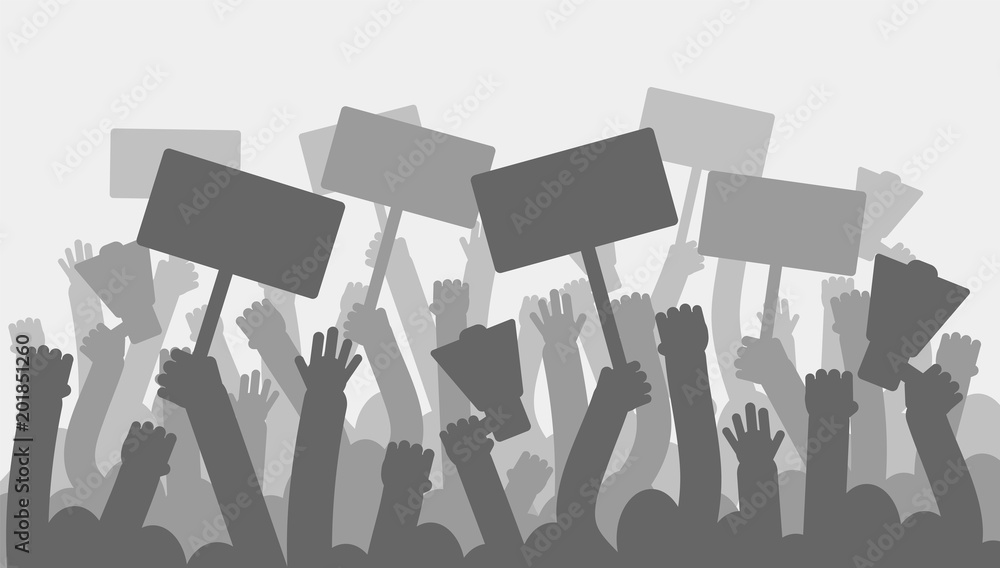 Political protest with silhouette protesters hands holding megaphone, banners and flags. Strike, revolution, conflict vector background - obrazy, fototapety, plakaty 