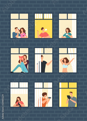 Cartoon man and woman neighbors in apartment windows in building. Happy neighborhood vector flat concept