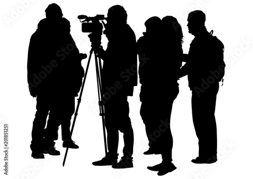 People and television camera operator on white background