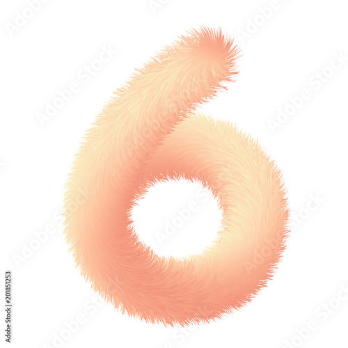 Number six in fur childish style. Colorful cartoon fluffy gentle digit 6. Feathery fun pink digit. Vector isolated illustration
