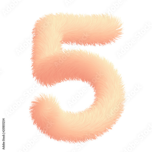 Number five in fur childish style. Colorful cartoon fluffy gentle digit 5. Feathery fun pink digit. Vector isolated illustration