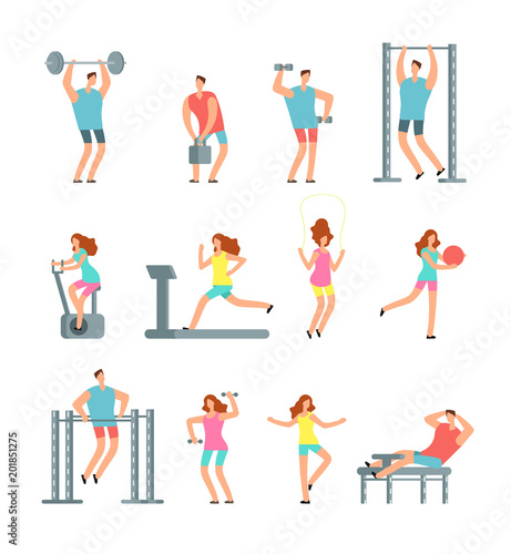 Woman and man doing various sports exercises with gym equipment. Fitness cartoon vector people, gym workout isolated