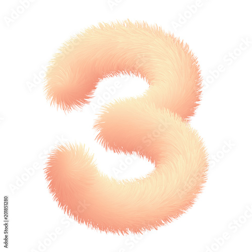 Number three in fur childish style. Colorful cartoon fluffy gentle digit 3. Feathery fun pink digit. Vector isolated illustration