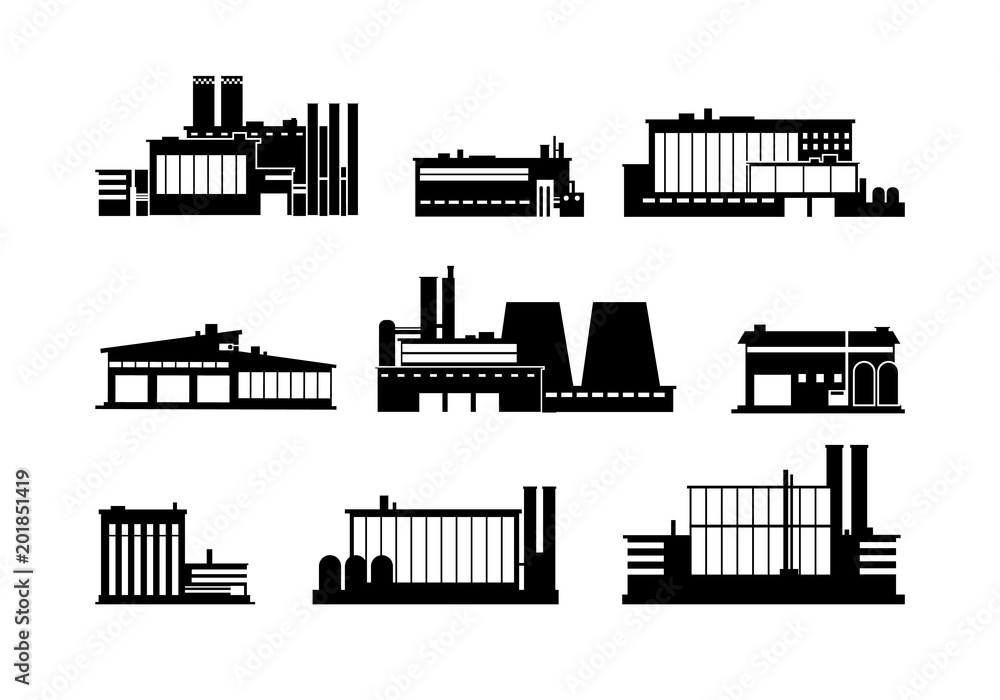 Fototapeta premium Factory, manufacturing plant and warehouse black silhouette icons isolated