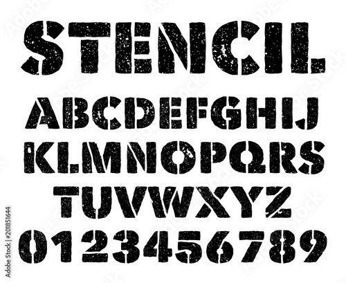 Military stencil letters and numbers. Spray painted army grunge alphabet. Vintage graffiti vector font