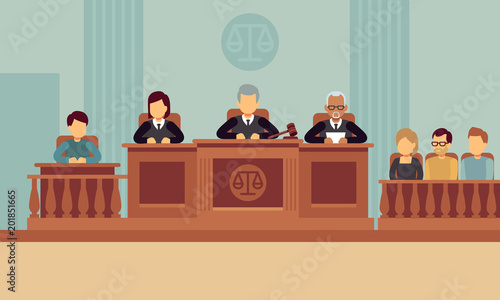 Courtroom interior with judges and lawyer. Justice and law vector concept