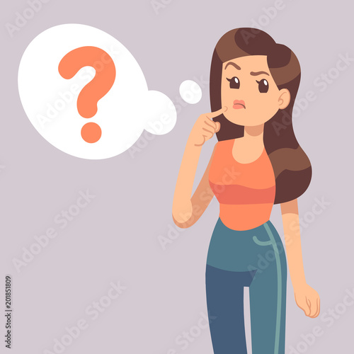 Cartoon young standing woman thinking with question mark in think bubble. Businesswoman thinks about problem vector illustration