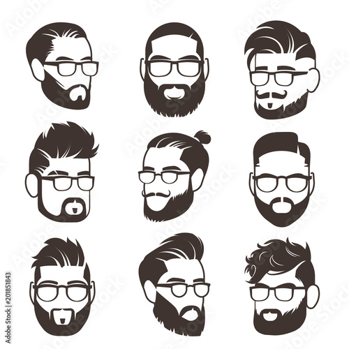 Handsome bearded hipster man faces with mustache and modern male hairstyle vector avatars isolated