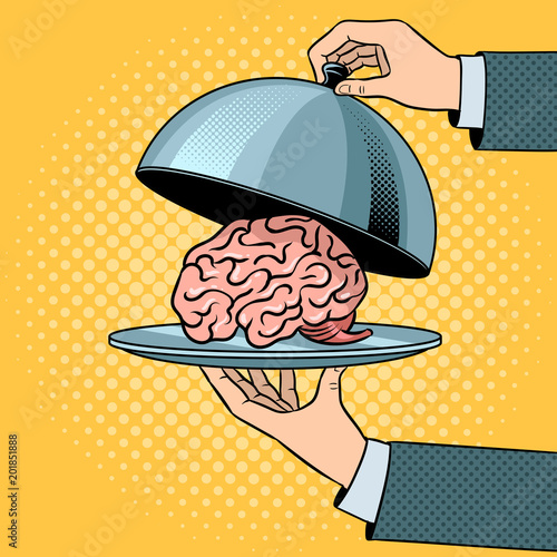Brain on dish with cloche pop art vector
