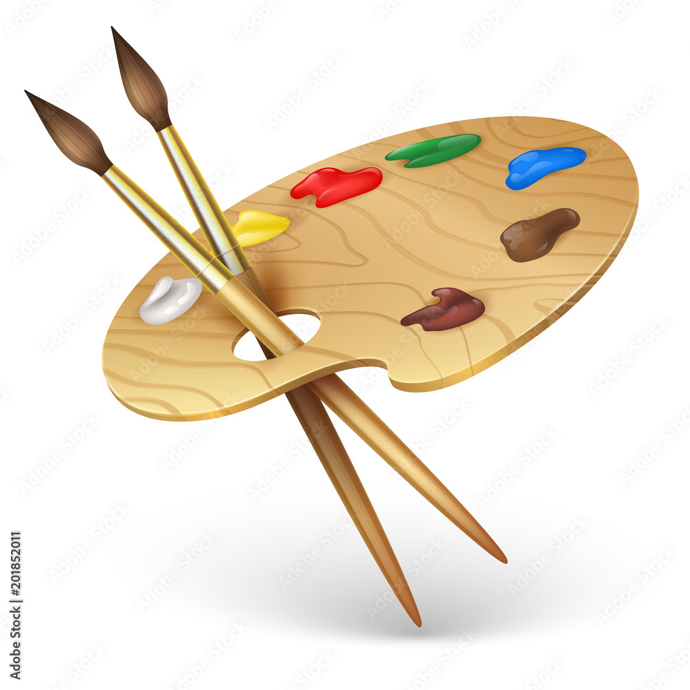 Wooden artist palette with paint brushes vector illustration isolated on  white background Stock Vector