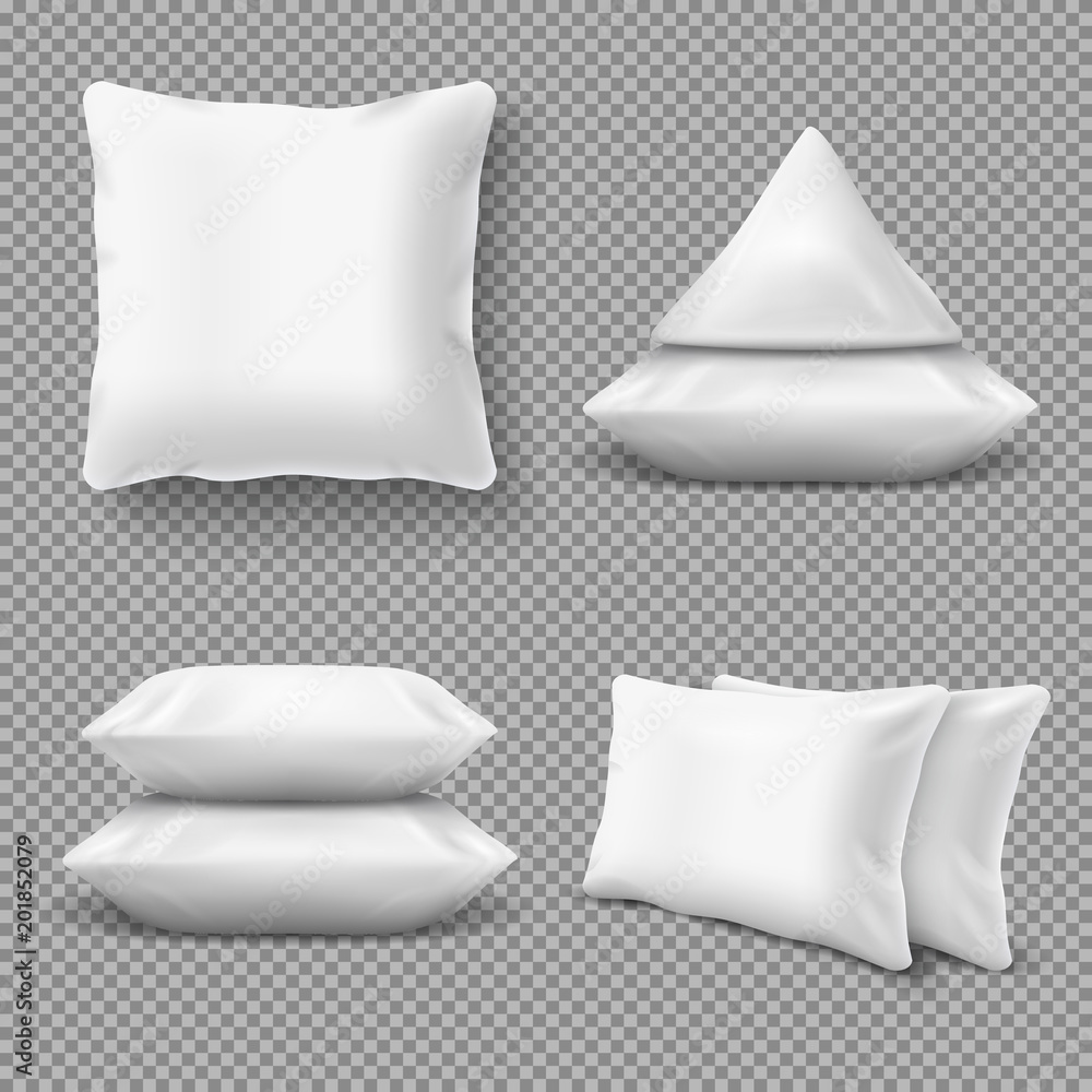 Realistic white comfortable pillows, home cushions with natural feather. Isolated vector mockup for bedding textile Realistic white comfortable pillows, home cushions with natural feather. Isolated vector mockup for bedding textile