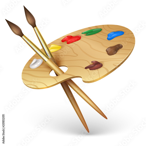 Wooden artist palette with paint brushes vector illustration isolated on white background