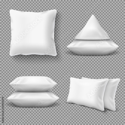 Realistic white comfortable pillows, home cushions with natural feather. Isolated vector mockup for bedding textile