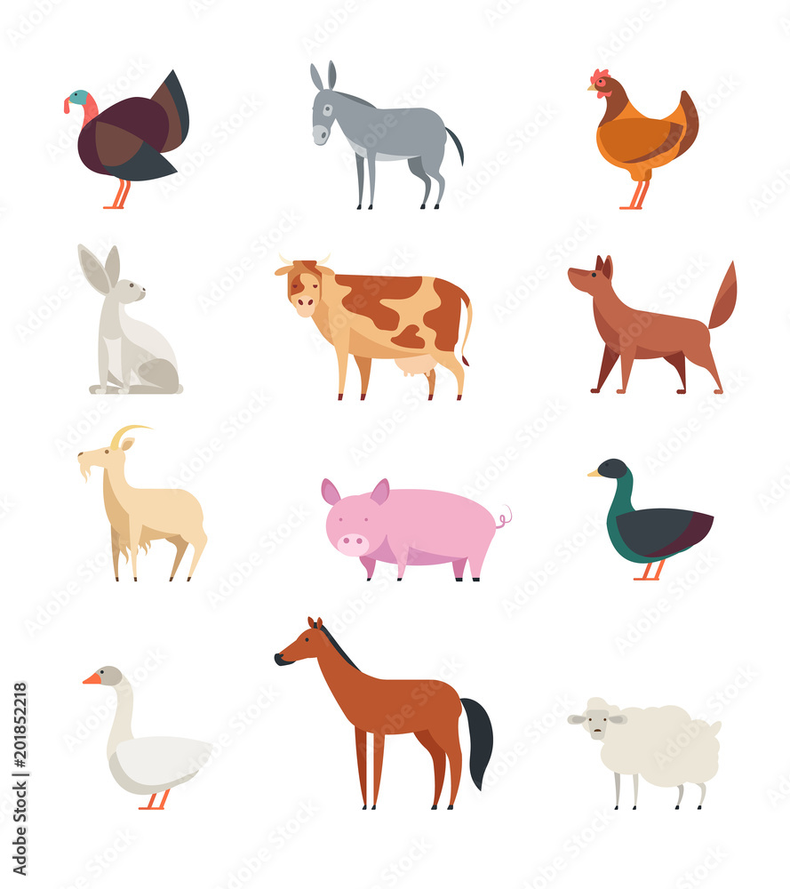 Cartoon farm animals and birds vector set isolated. Sheep, goat, cow ...