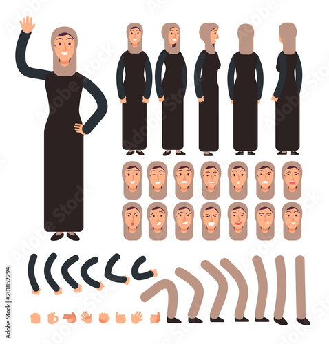 Young arab woman in traditional islamic saudi clothes. Vector arabic female character creation set with face in different emotions
