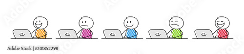 Business icons - cartoon stickman working on laptop. Collection with different facial expressions. Vector.