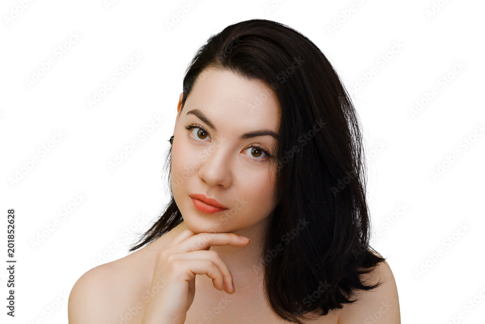 Beauty Woman face Portrait. Close up of face and hands. Mixed race Caucasian Asian female model. Isolated on white background Beauty Woman face Portrait. Close up of face and hands. Mixed race Caucasian Asian female model. Isolated on white background