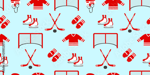 Ice hockey seamless pattern. vector background. Men's ice hockey template texture. Winter sports designs, clothes prints. Puck, stick, skates, field, helmet, uniform, pants, gloves,gate. red colors