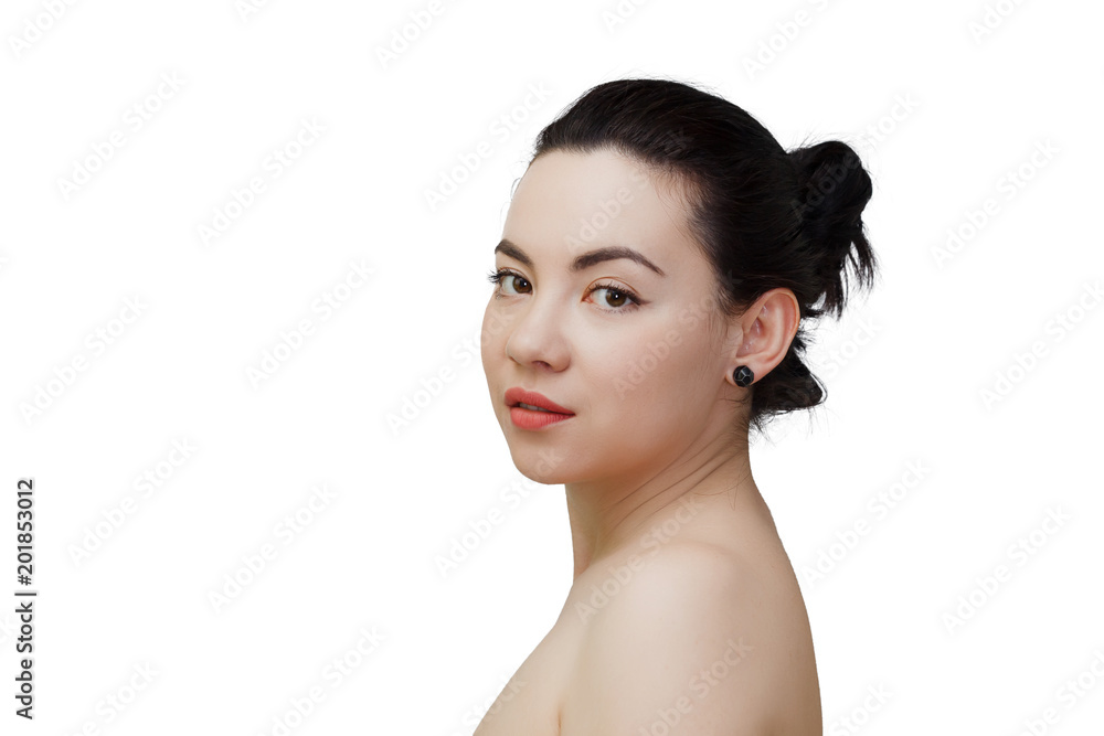 Beauty woman face portrait of mixed race Caucasian Asian female model isolated on white background Beauty woman face portrait of mixed race Caucasian Asian female model isolated on white background