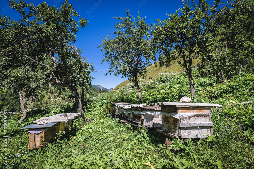 beehives in small village next to road from Mestia to villages community called Ushguli in Georgia