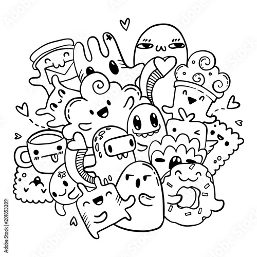 Cute doodles hand drawn pattern. Vector isolated outline set of cartoon monsters. Coloring book page.