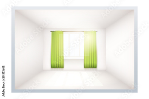 Example of an empty room with white walls and a window. Simple interior without furnish and furniture. Curtains are unfolded. Sunlight falls through the curtains. Imitation of three-dimensional space