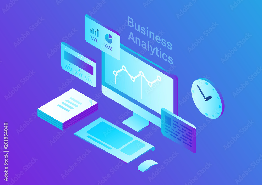 Computer Isometric Flat vector. Business Finance Analytics