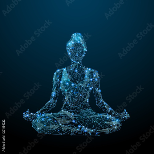 Abstract image of woman yogi sits in a lotus pose in the form of a starry sky or space, consisting of points, lines, and shapes in the form of planets, stars and the universe. Vector yoga. RGB