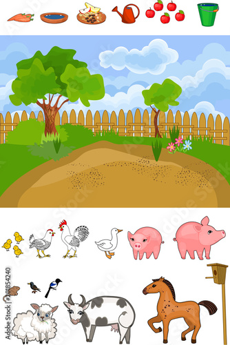Sticker Book. Game for children with farm animals and objects