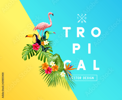 A set of bright tropical floral elements with Hibiscus flowers, toucans and Flamingos and a set of palm leaves. Vector illustration