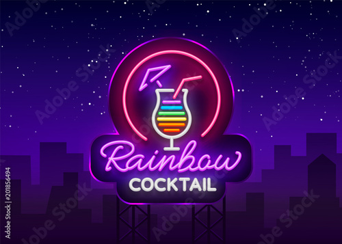 Cocktail logo in neon style. Rainbow Cocktail. Neon sign, Design template for drinks, alcoholic beverages. Light banner, Bright nightlight advertising for cocktail bar, party. Vector. Billboard