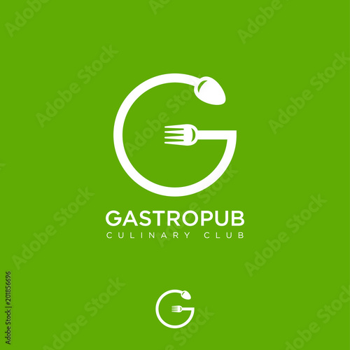 G monogram. Gastropub logo. Gastronomy restaurant emblem. Fork and spoon like letter G on green background. 