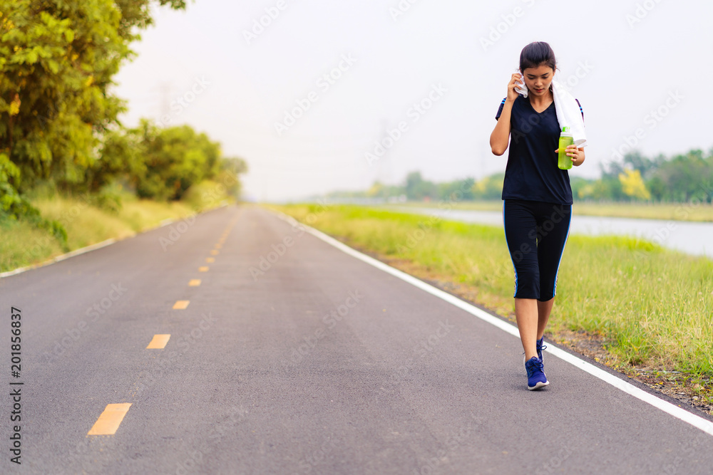 Sports girl, Woman running on road, Healthy fitness woman training