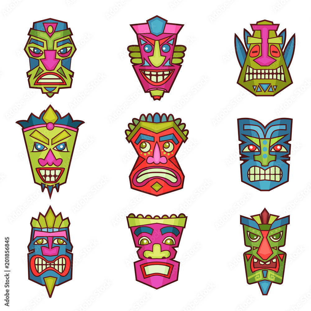 Obraz premium Tribal Indian or African masks set, colorful cut wooden guise vector Illustration on a white background