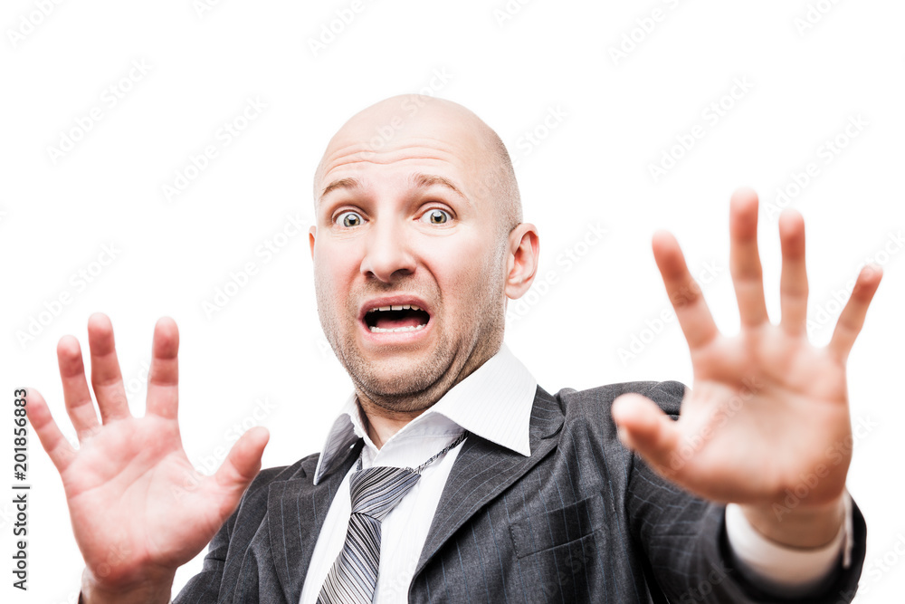 Scared or terrified businessman hand gesturing hide face stop sign Scared or terrified businessman hand gesturing hide face stop sign