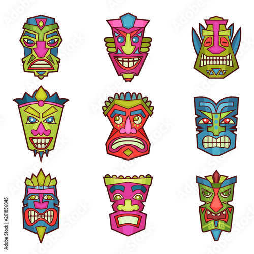 Tribal Indian or African masks set  colorful cut wooden guise vector Illustration on a white background