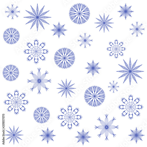 set of snowflakes on blue background