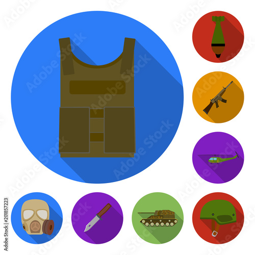 Army and armament flat icons in set collection for design. Weapons and equipment vector symbol stock web illustration.