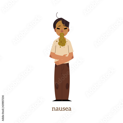 Adult man with painful face expression with nausea vomiting holding stomach. Heat strope symptoms concept. Flat male character worker manager with health problem. Vector illustration