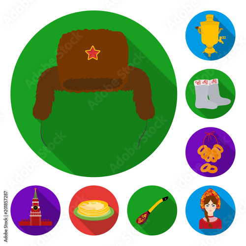 Country Russia, travel flat icons in set collection for design. Attractions and features vector symbol stock web illustration.