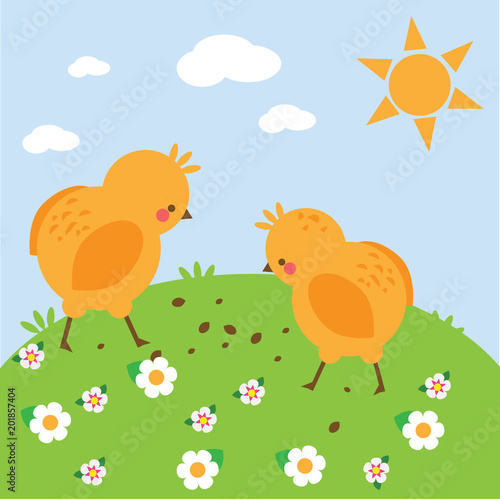 Chickens on meadow. chikens on meadow. Simple vector illustration for kids and toddlers