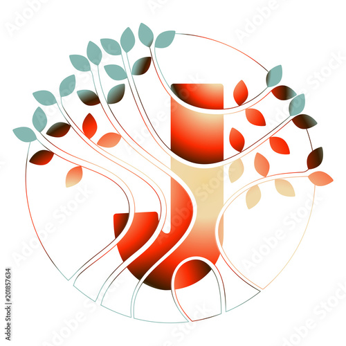 decorated letter J with tree and leaves in a circle in red and blue