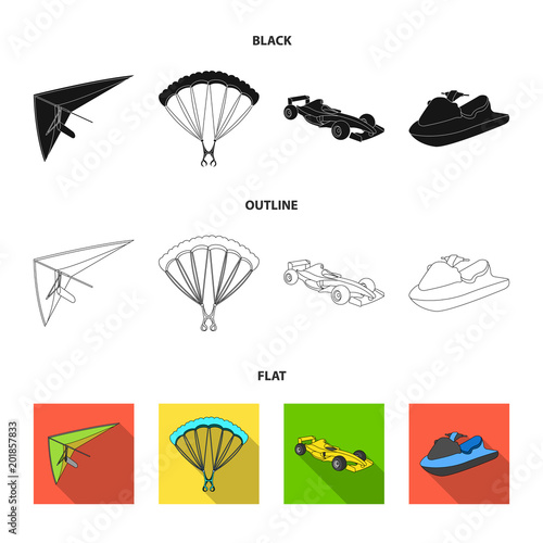 Hang glider, parachute, racing car, water scooter.Extreme sport set collection icons in black,flat,outline style vector symbol stock illustration web. photo