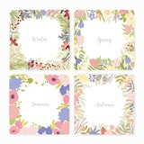 Collection of square card templates with various season names and frames made of beautiful wild blooming flowers, flowering plants, leaves, berries. Colorful seasonal vector illustration.