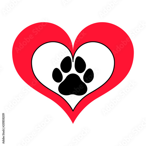 Red heart silhouette with a pawprint in a frame on it. Isolated vector object.