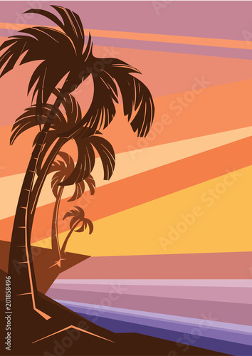 fantasy tropic ocean cost sunset with palm