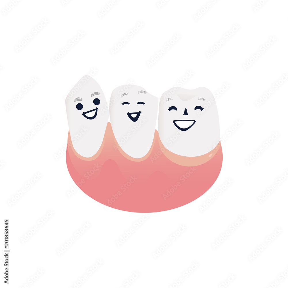 Healthy and clean tooth characters in pink gum smiling and happy. Isolated cute cartoon white joyful teeth for dental health and oral care concept. Vector illustration. Healthy and clean tooth characters in pink gum smiling and happy. Isolated cute cartoon white joyful teeth for dental health and oral care concept. Vector illustration.