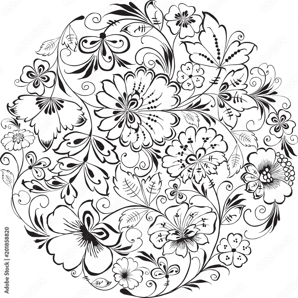 The round composition of the decorative drawn flowers